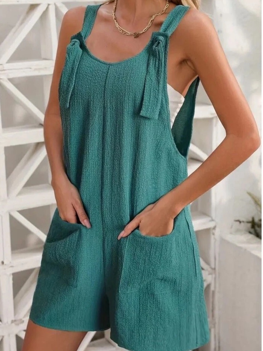 Teal Tie-Strap overall lounge Romper textured fabric large pockets size Large
